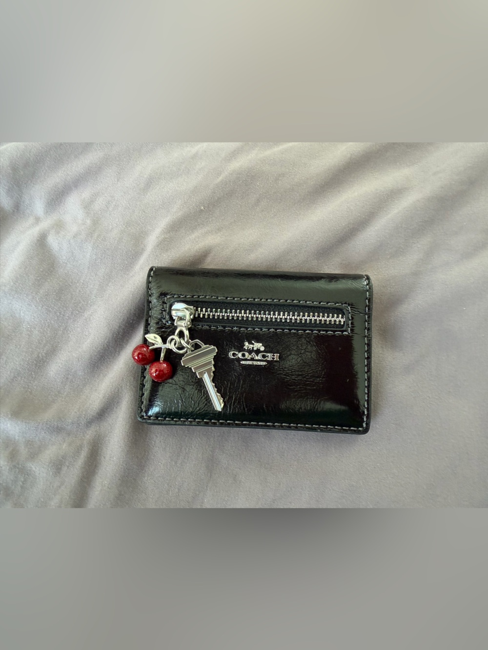 Coach Black Patent Leather Card Case with Cherry Charm